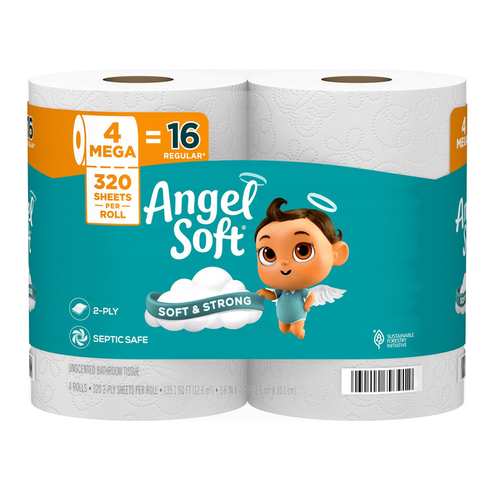 Angel Soft Toilet Paper, 4 Mega Rolls = 16 Regular Rolls, Soft and Strong Toilet Tissue Retail $3.99