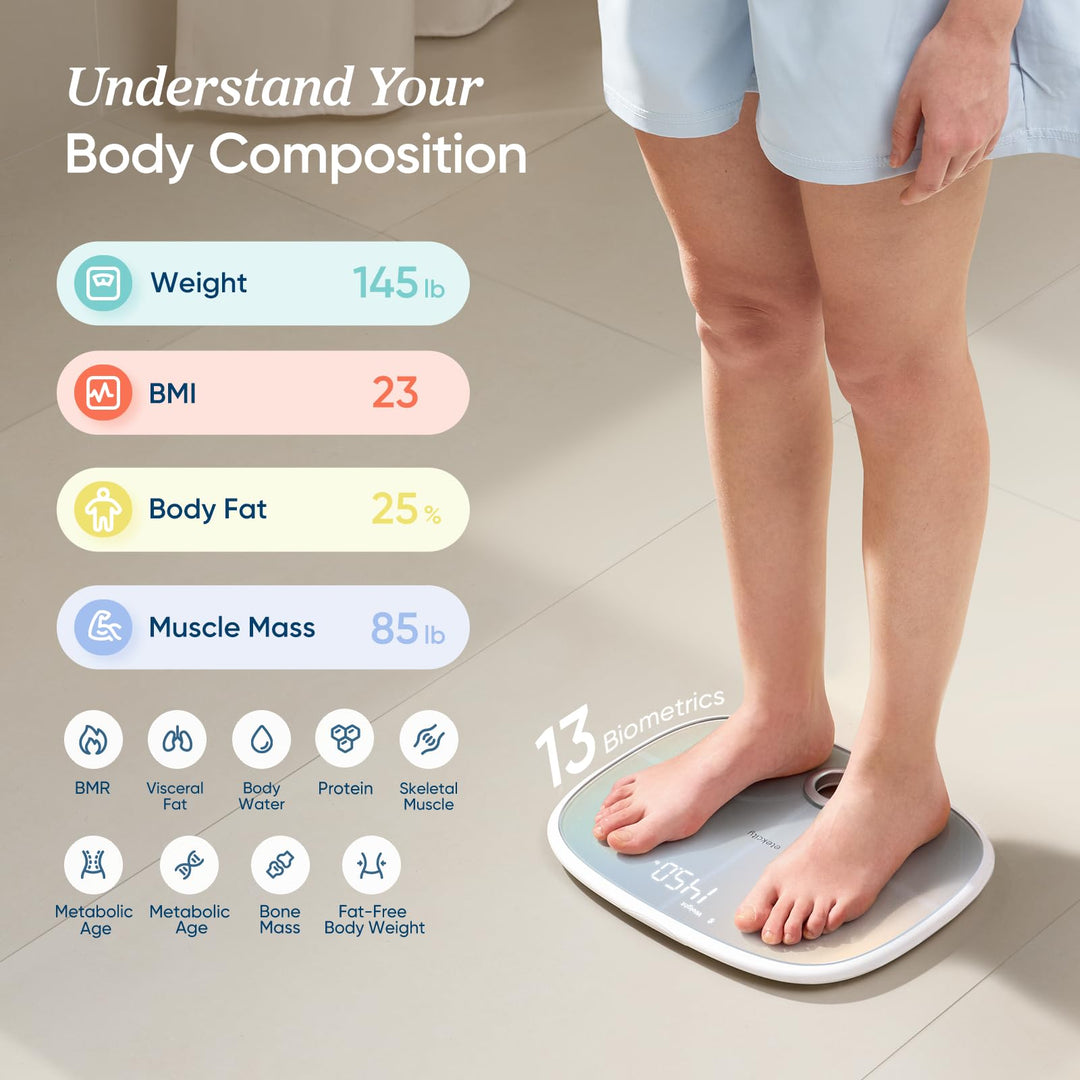 Etekcity Smart Rechargeable Scale for Body Weight, BMI, Fat, Muscle Mass, FSA&HSA Eligible, Digital Bathroom Scale with 13 Metrics, Secret Mode, Bluetooth Connect to Free Apps, Rainbow White