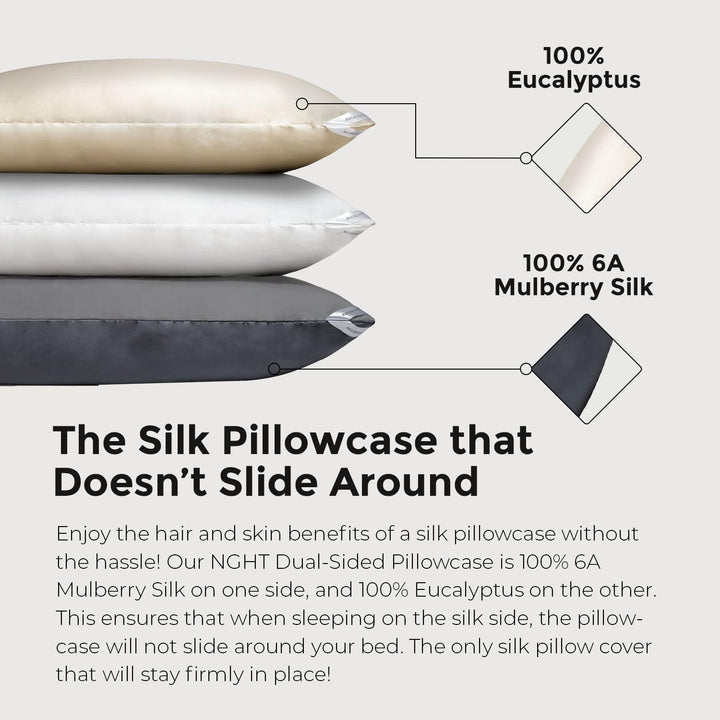 NGHT Reversible Silk Pillowcase: 100% Mulberry Silk one Side, 100% Eucalyptus Other Side - Anti-Slip Silk Pillow Covers for Soft Hair & Skin - 38” x 20” King Size Retail $70.00