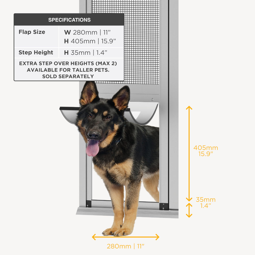 Hakuna Pets V2 Patio Pet Door Screen Insert Panel for Sliding Doors, Fits Door Track Min Ht 62.99" to Max Ht 84.25",UV Resistant Mesh, Locking Magnetic Dog Door, Easy Install and Removal,Large,Silver Retail $134.99