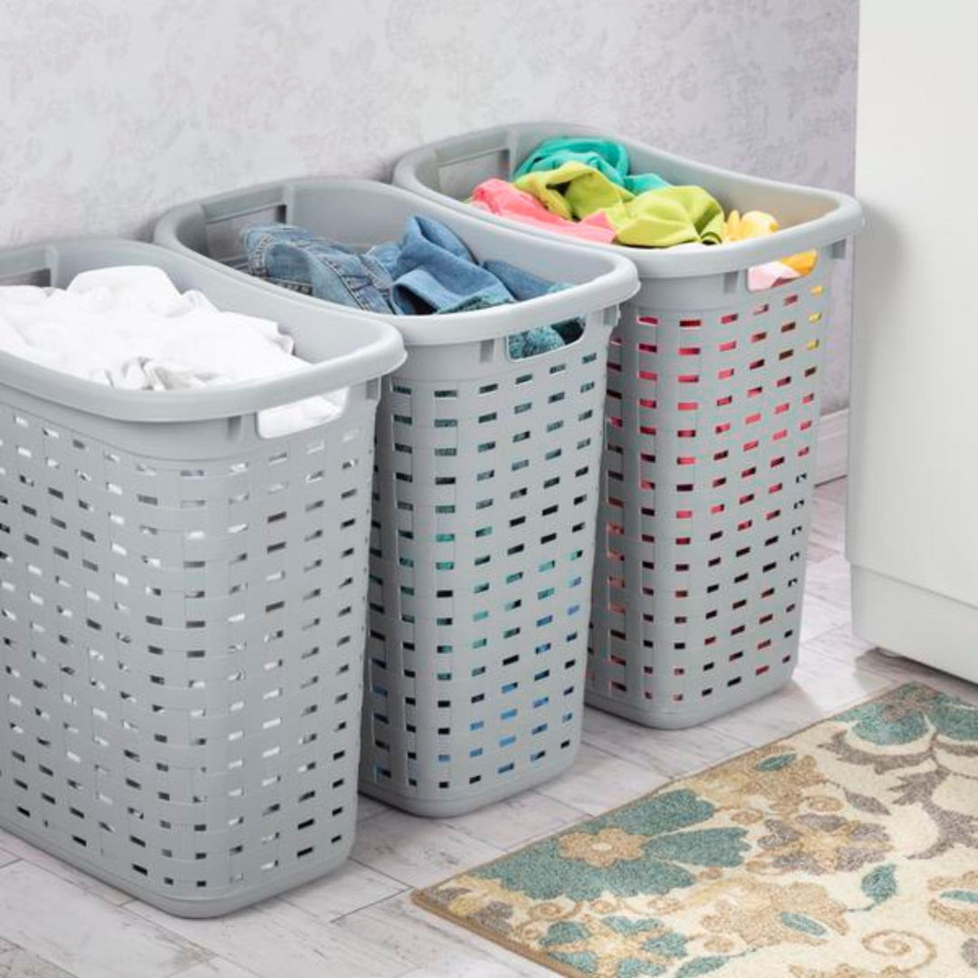 Sterilite Plastic Weave Laundry Hamper with Lid, Decorative Pattern with Handles to Carry Clothes Between the Laundry Room and Bedroom, Gray, 4-Pack Retail $11.99
