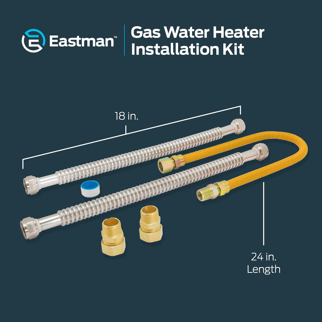 Eastman Gas Water Heater Installation Kit, 18 Inch Corrugated Stainless Steel Water Heater Hoses, 24 Inch Yellow Gas Supply Connector, 48280 Retail $72.23
