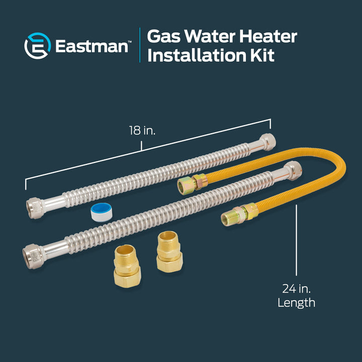 Eastman Gas Water Heater Installation Kit, 18 Inch Corrugated Stainless Steel Water Heater Hoses, 24 Inch Yellow Gas Supply Connector, 48280 Retail $72.23
