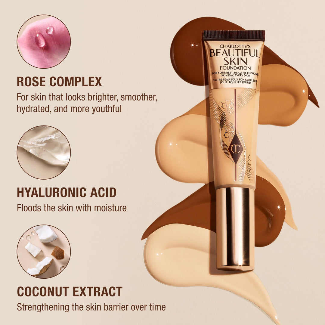 Charlotte Tilbury Beautiful Skin Medium Coverage Hydrating Foundation - Buildable Liquid Makeup for Instant Glow, Plumping Hydration & Lasting Skincare Benefits - 7 Cool
