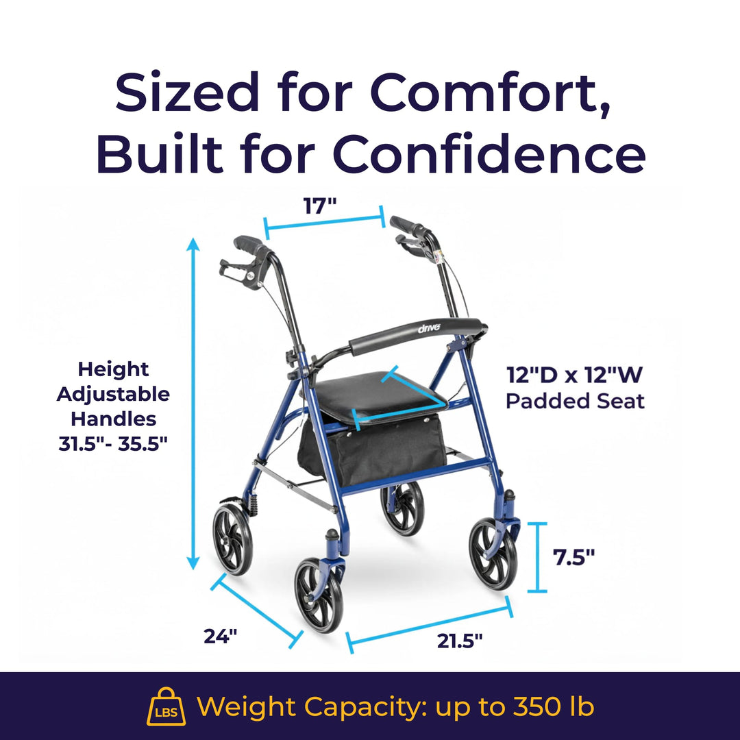Drive Medical Rollator Walker with Seat - Stable Mobility Support - Height Adjustable - Durable Steel Frame Construction - Smooth 7.5" Wheels - Foldable - 350 Lb Limit - Blue Retail $53.99