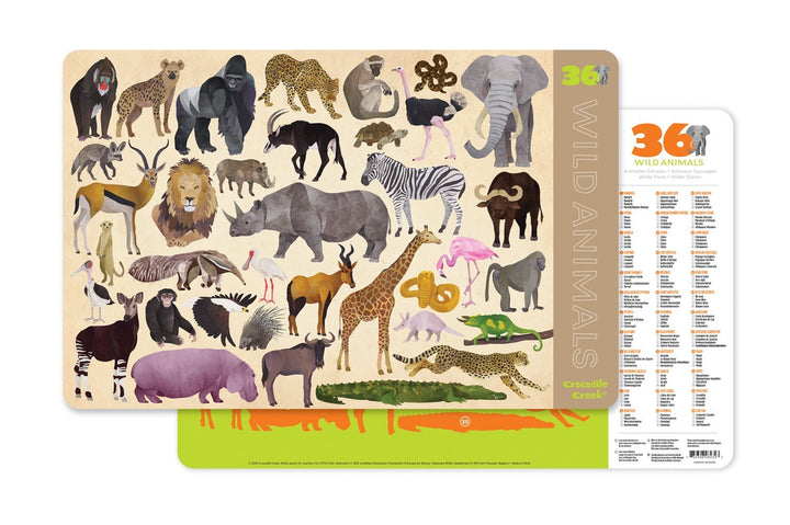Crocodile Creek 2843-4 36 Animals/Wild Animals 2-Sided Placemat Children's Placemat, Tan, Green, Orange, Brown, Pink Retail $5.00