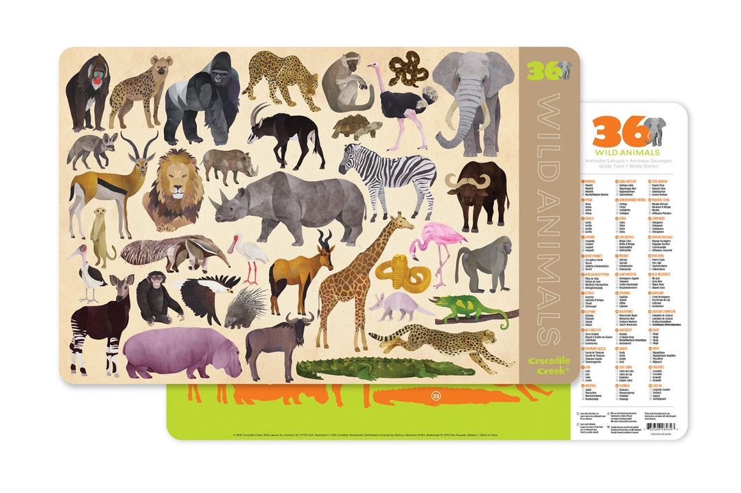 Crocodile Creek 2843-4 36 Animals/Wild Animals 2-Sided Placemat Children's Placemat, Tan, Green, Orange, Brown, Pink Retail $5.00