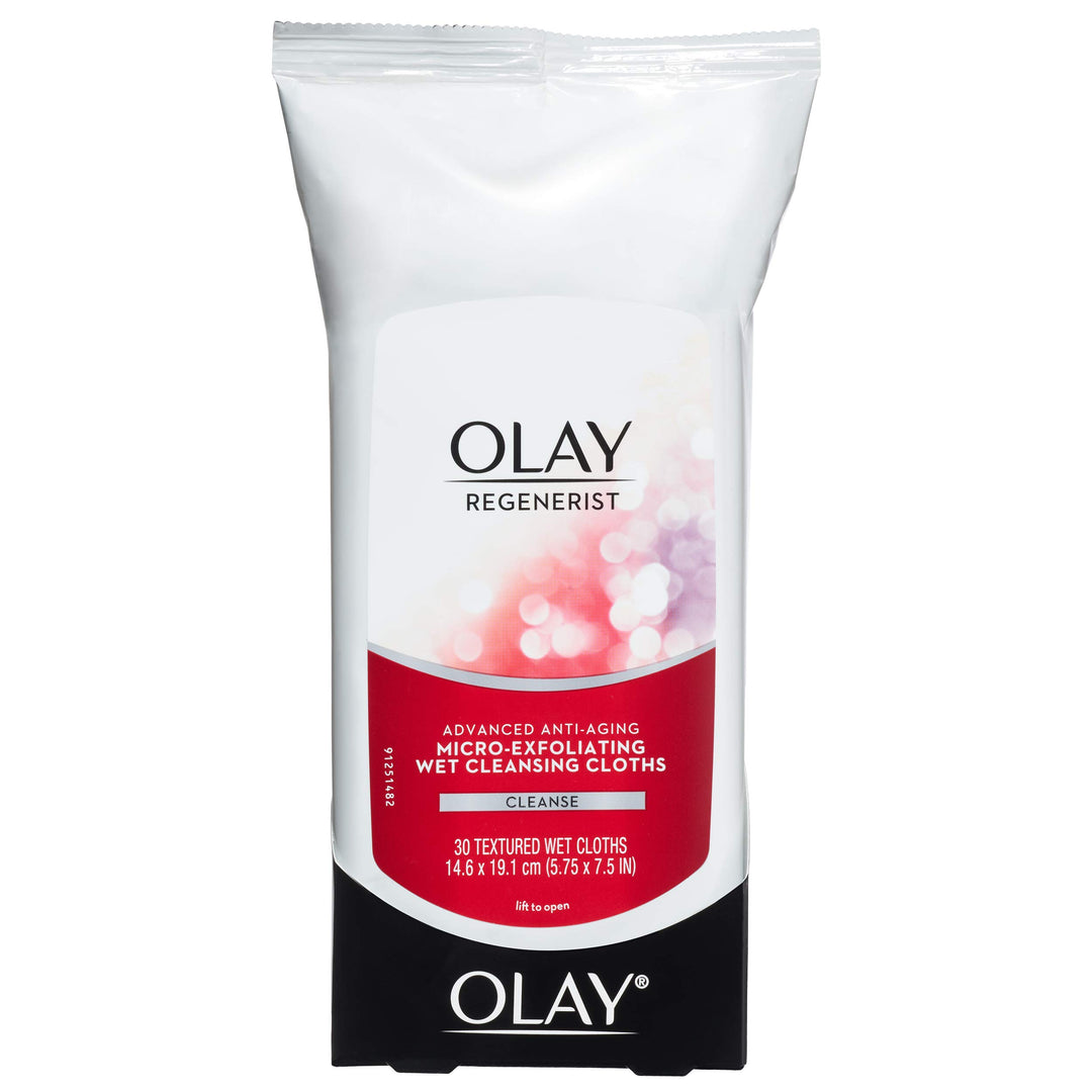 Olay Makeup Remover Wipes, Regenerist Micro-Exfoliating Wet Cleansing Cloths, Facial Cleanser for Women - Exfoliates, Refreshes, Smooths Texture, Travel Approved, 30 ct Retail $7.49