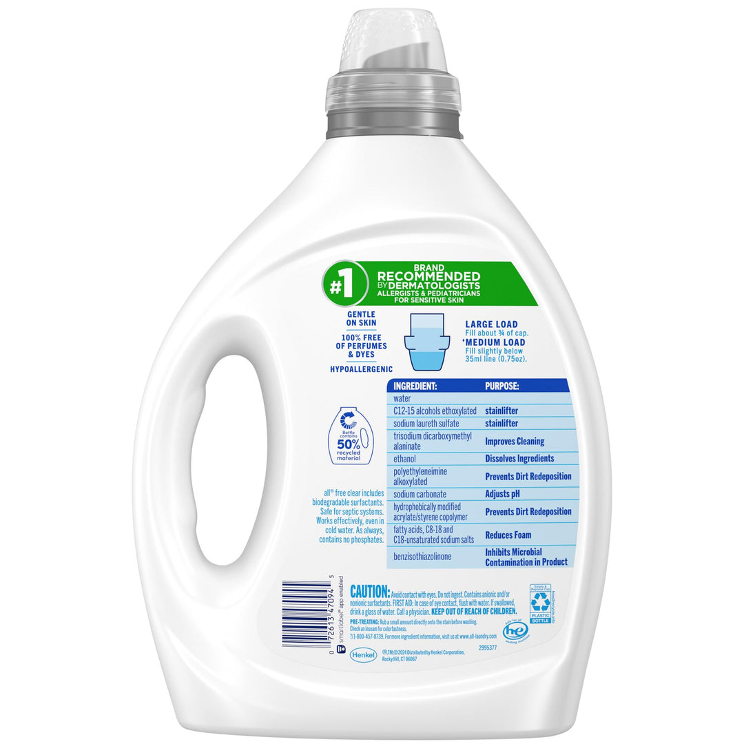all free clear, Original, Liquid Laundry Detergent for Sensitive Skin, Unscented and Hypoallergenic, Concentrated, 82.5oz, 110 Loads