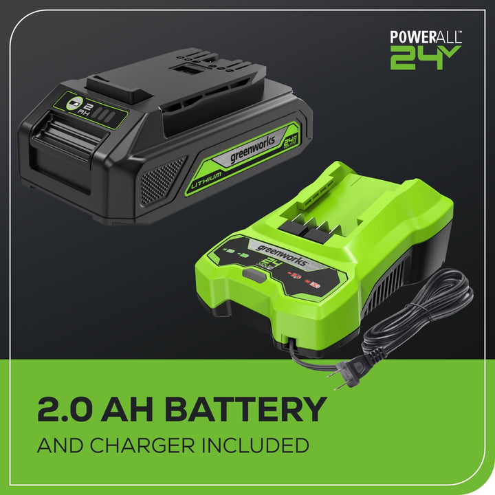 Greenworks 24V (90 MPH / 320 CFM / 200+ Compatible Tools) Cordless Axial Leaf Blower, 2.0Ah Battery and Charger Included