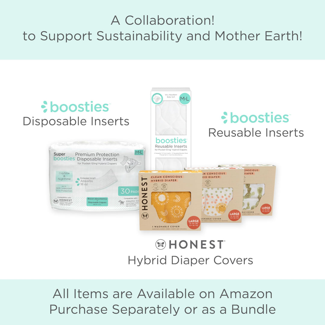 Overnight Diaper Leak Stopper, Super Boosties Disposable Inserts, Use with Pampers Sizes 4-6, Honest Hybrid Diaper Cover Sz Medium/Large, Amazing Baby Cover Sz 3/4, 4.3x13 in, 30 Count