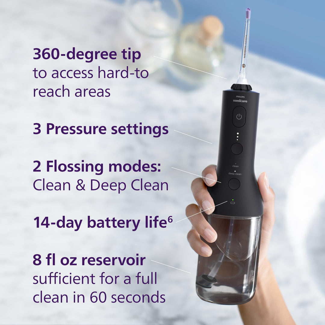 Philips Sonicare Cordless Power Flosser 3000 - Water Flosser with Innovative Quad Stream Technology, Oral Irrigator with 2 Flossing Modes and 3 Pressure Levels, IPX7 Waterproof, Black, HX3826/23