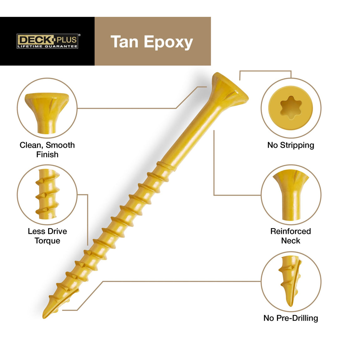 Deck Plus 3 Inch Epoxy Coated Exterior Wood and Fence Screws #10 x 3 Torx/Star Drive Included Coarse Thread, Outdoor Rust Resistant Decking Screw, Tan, 25lb Box, 1550 Pieces | 48420
