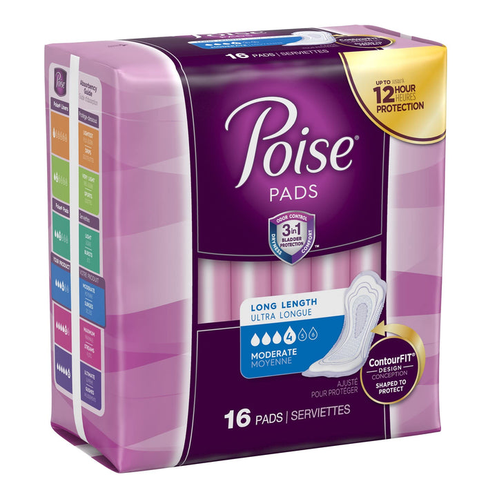 Poise Moderate Absorbency Incontinence Pads, Long, 16 Count (Pack of 6)