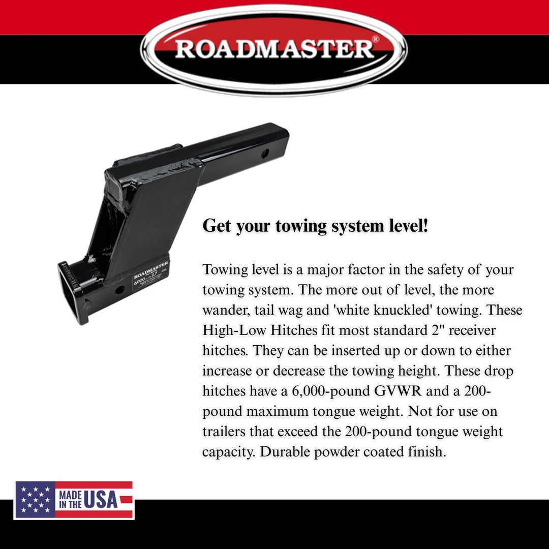Roadmaster 076 Hi-Low Receiver Hitch with 6" Offset fits 2" Receiver Hitch | 6000 lbs Towing Capacity | 200 lbs Max Tongue Weight | Durable Powder Coat Finish | Made in The USA