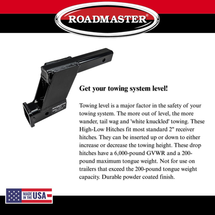 Roadmaster 076 Hi-Low Receiver Hitch with 6" Offset fits 2" Receiver Hitch | 6000 lbs Towing Capacity | 200 lbs Max Tongue Weight | Durable Powder Coat Finish | Made in The USA