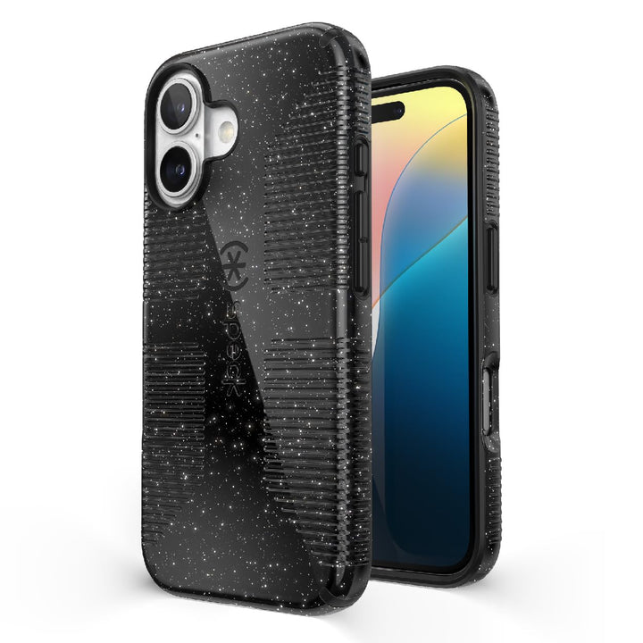 Speck CandyShell Grip iPhone 16 Case - Slim MagSafe - Black Glitter/Steel Black Retail $39.95