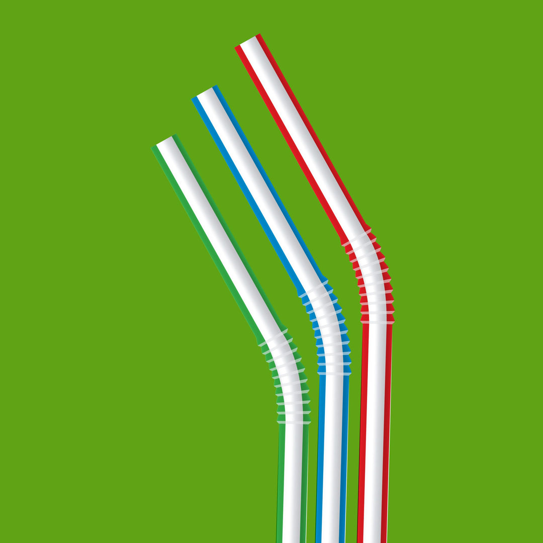 Amazon Basics Disposable Striped Plastic Flex Straws, 7.5" Long, Assorted Colors, 100 Count, Large Pack