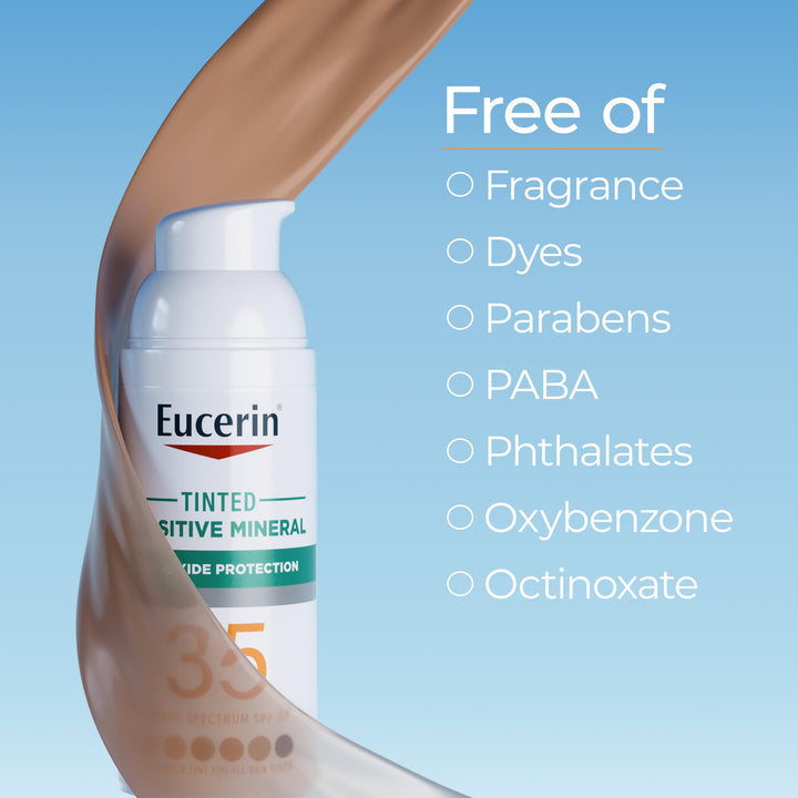 Eucerin Sun Tinted Sensitive Mineral Face Sunscreen Lotion SPF 35, Non-Comedogenic Mineral Sunscreen with Gentle Zinc Oxide Protection for Sensitive Skin, 1.7 Fl Oz Bottle