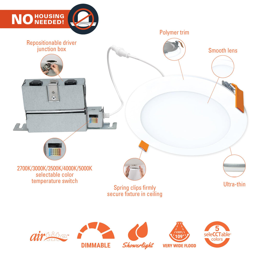 HALO HLBPH 6 inch Canless Recessed Downlight w/Remote Driver/Junction Box Integrated LED Kit Selectable 2700K, 3000K, 3500K, 4000K, 5000K CCT New Construction 6 inch White Retail $24.99