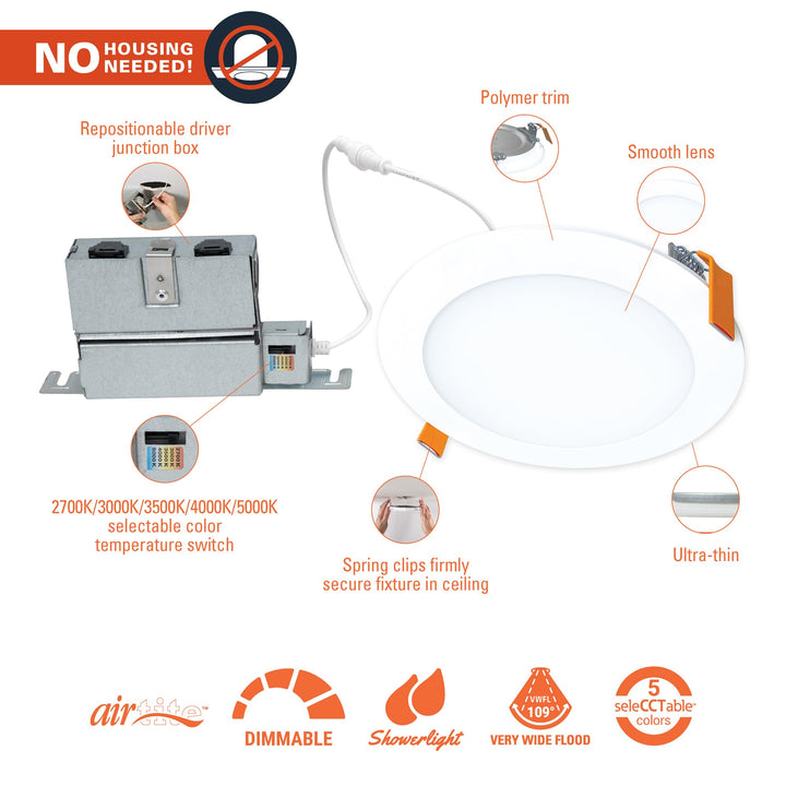 HALO HLBPH 6 inch Canless Recessed Downlight w/Remote Driver/Junction Box Integrated LED Kit Selectable 2700K, 3000K, 3500K, 4000K, 5000K CCT New Construction 6 inch White Retail $24.99