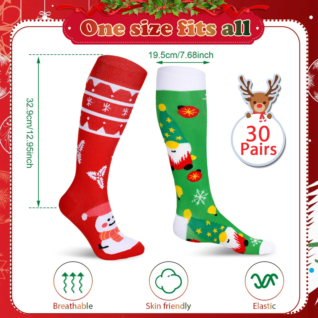 Suhine 30 Pairs Christmas Knee High Socks Bulk Novetly Funny Xmas Sports Compression Long Sock for Christmas Gifts Men Women Retail $42.75