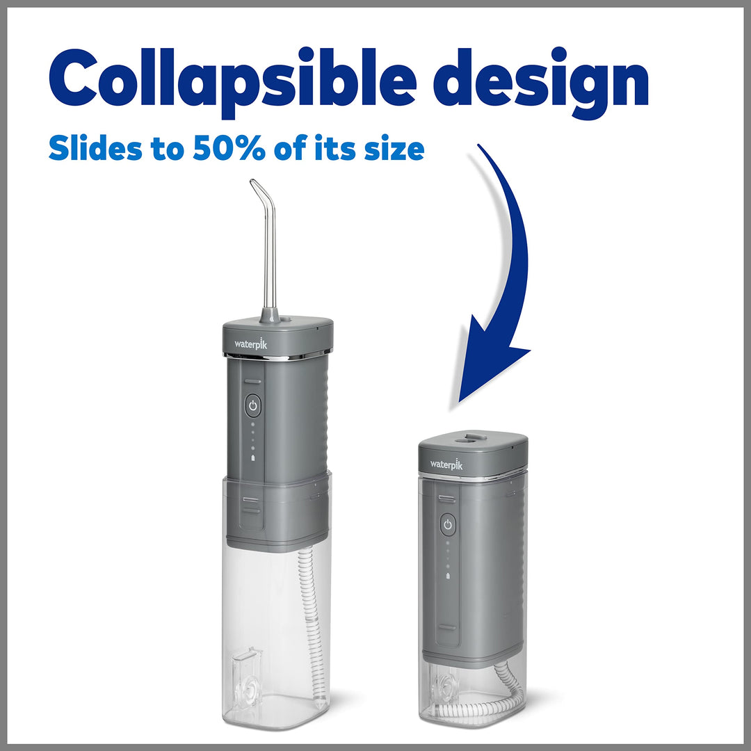 Waterpik Cordless Slide Professional Water Flosser, Portable Collapsible for Travel and Storage, with Travel Bag and 4 Tips, ADA Accepted, Rechargeable and Waterproof, Modern Gray WF-17CD017-1