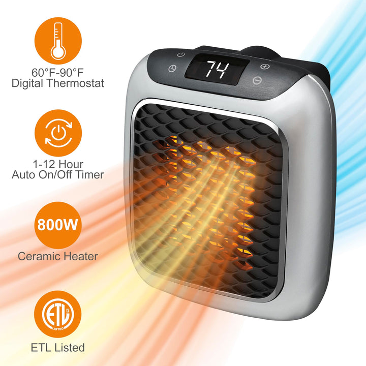Ontel Handy Heater Turbo Wall Outlet Plug In Heater – Portable Indoor Ceramic Space Heater w/Adjustable Thermostat, 12-Hour Timer, Auto Shut Off, Quiet – Plug In Wall for Office, Bedroom, Camping Retail $29.99