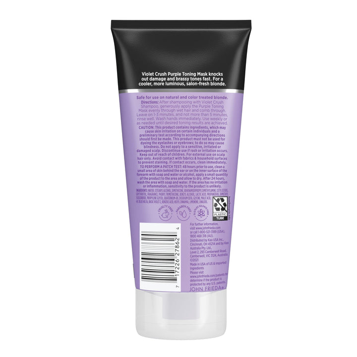 John Frieda Violet Crush Purple Toning Mask, Removes Brassy Tones, Smooths Damaged Hair Cuticles for Cooler, More Luminous, Salon-Fresh Blonde. Safe for Natural and Color-Treated Blonde Hair, 6 Oz