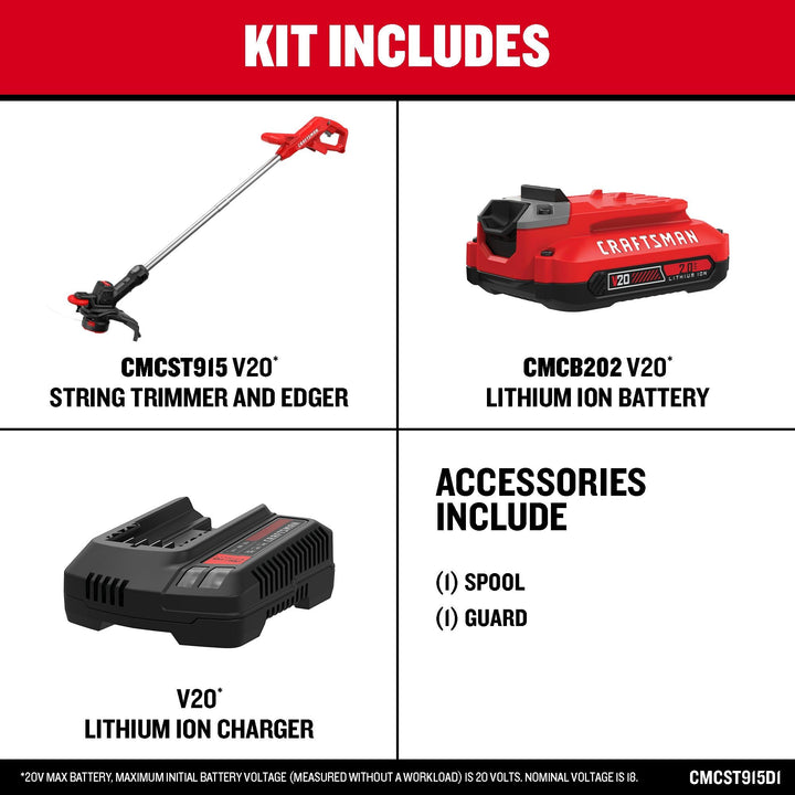 CRAFTSMAN V20 Cordless 10 in. WEEDWACKER String Trimmer and Edger Kit with 2.0 Ah Battery and Charger (CMCST915D1)
