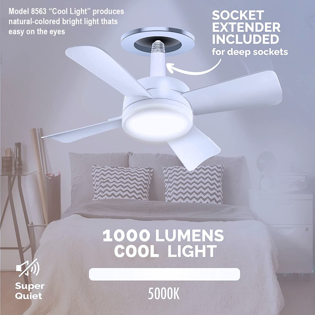 Bell+Howell Socket Breeze Modern Ceiling Fans with LED Lights, 10" LED E26/E27 Screw Base Mini Light Socket Fan with Cord for Bedroom, Living Room, Kitchen, Balcony Retail $51.95