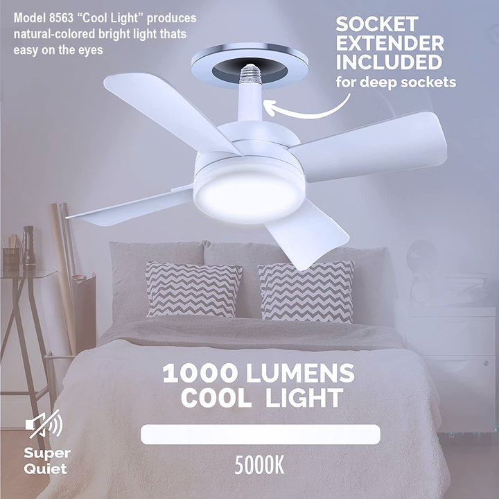 Bell+Howell Socket Breeze Modern Ceiling Fans with LED Lights, 10" LED E26/E27 Screw Base Mini Light Socket Fan with Cord for Bedroom, Living Room, Kitchen, Balcony Retail $51.95