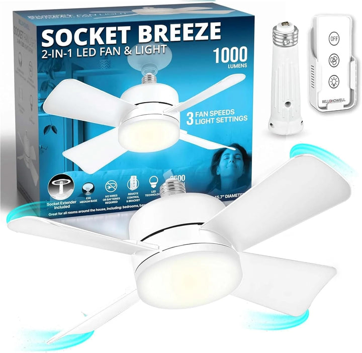 Bell+Howell Socket Breeze Modern Ceiling Fans with LED Lights, 10" LED E26/E27 Screw Base Mini Light Socket Fan with Cord for Bedroom, Living Room, Kitchen, Balcony Retail $51.95