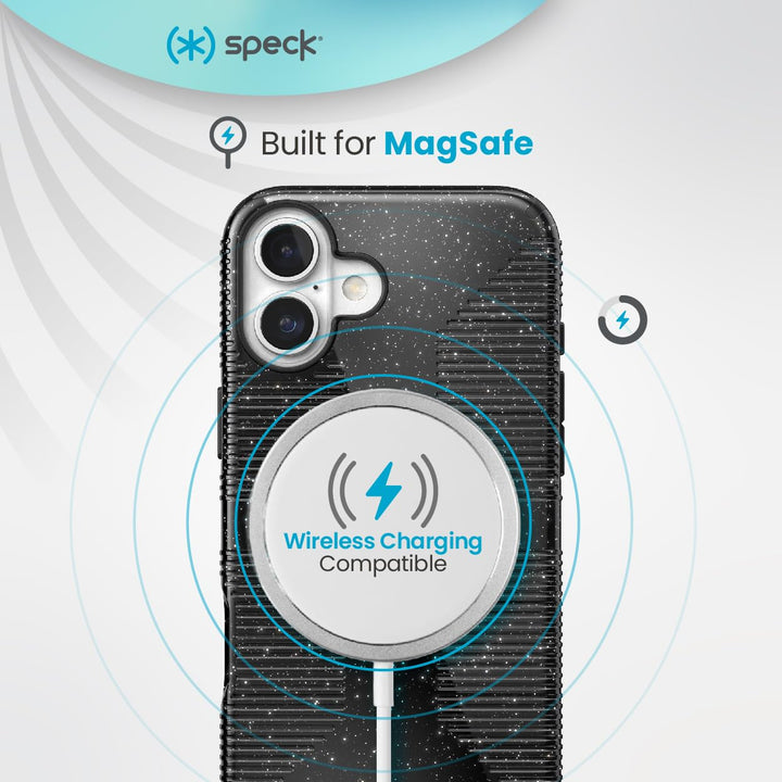 Speck CandyShell Grip Case iPhone 16 Plus - Slim MagSafe - Black Glitter/Steel Black Retail $39.95