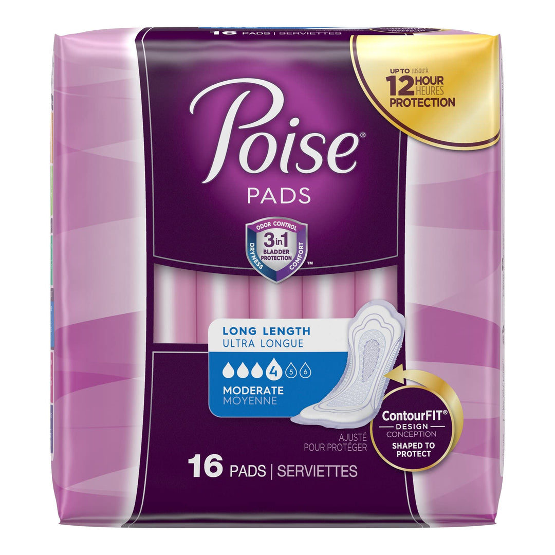 Poise Moderate Absorbency Incontinence Pads, Long, 16 Count (Pack of 6)