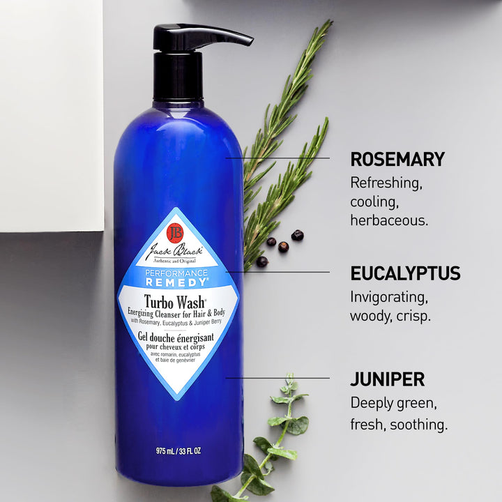 Jack Black Turbo Wash Energizing Body & Hair Cleanser, 33 Fl Oz Ã¢â‚¬â€œ Rosemary, Eucalyptus & Juniper Berry Ã¢â‚¬â€œ Mens Body Wash, Mens Shampoo, Skin Care, Hair Care, Dual-Purpose Body Wash Men, SulfateÃ¢â‚¬â€œFree