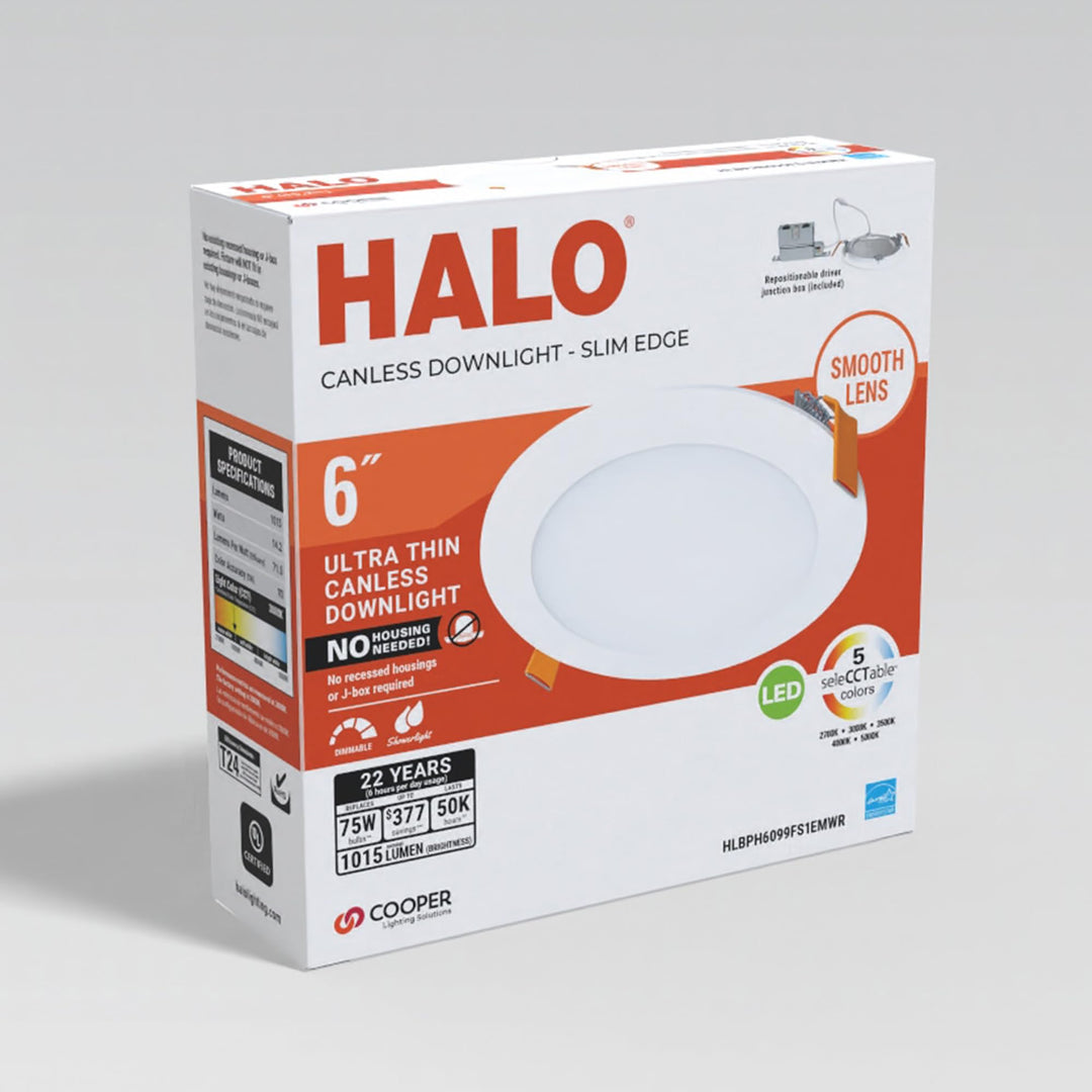 HALO HLBPH 6 inch Canless Recessed Downlight w/Remote Driver/Junction Box Integrated LED Kit Selectable 2700K, 3000K, 3500K, 4000K, 5000K CCT New Construction 6 inch White Retail $24.99