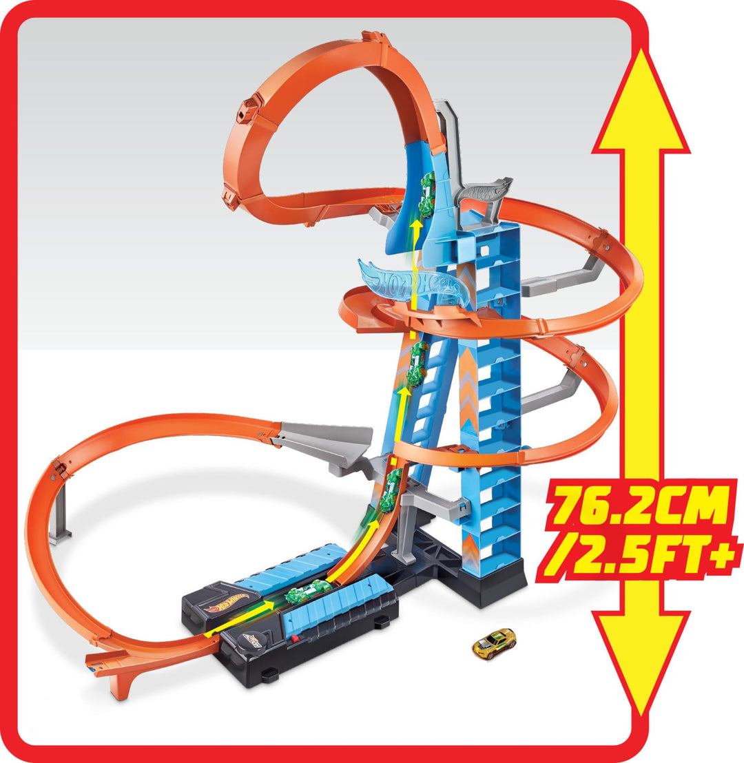 Hot Wheels Sky Crash Tower Track Set, 2.5+ ft / 83 cm High with Motorized Booster, Orange Track & 1 Hot Wheels Vehicle, Race Multiple Cars, Gift for Kids 5 to 10 Years Old & Up Retail $63.71