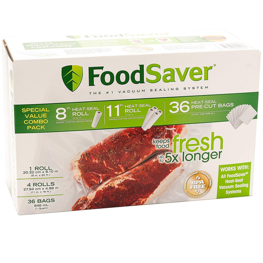 Special Value Combo Pack FoodSaver 8" & 11" Rolls & 36 Heat-Seal Pre-Cut Bags BPA free Retail $44.59