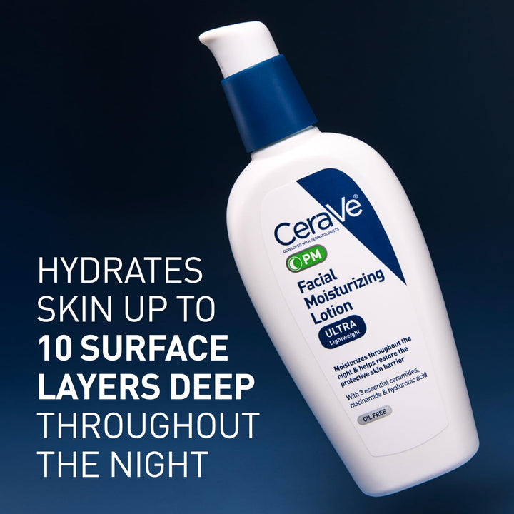 CeraVe PM Facial Moisturizing Lotion, Night Cream with Hyaluronic Acid and Niacinamide, Ultra-Lightweight, Oil-Free Moisturizer for Face, 3 Ounce