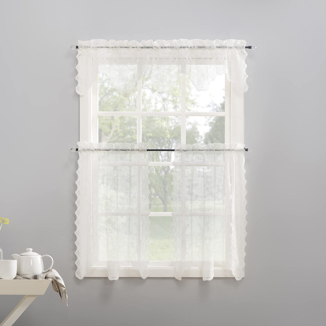 No. 918 Alison Floral Lace Sheer Rod Pocket Kitchen Curtain Tier Pair, 58" x 24", Ivory