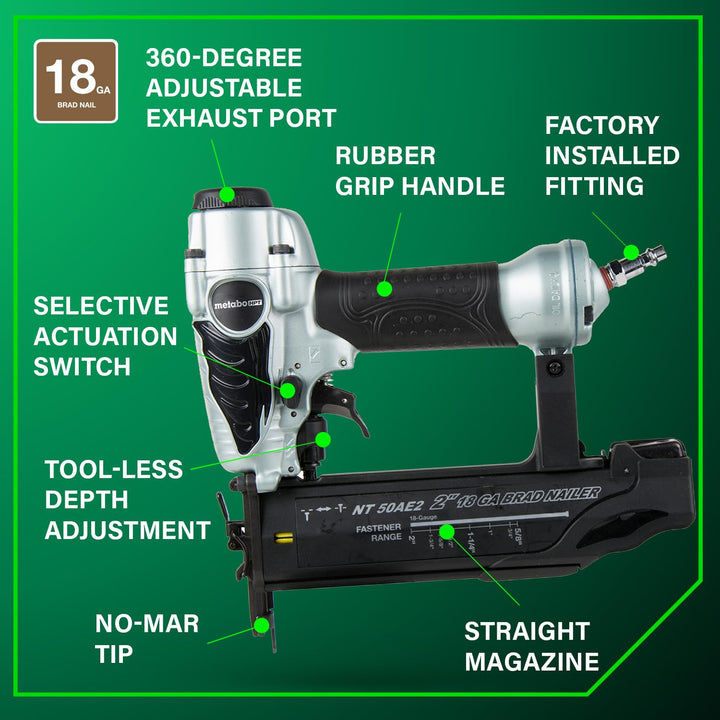 Metabo HPT Brad Nailer, Pro-Preferred Lightweight Pneumatic Power Nailer for Precision Trim Work and Furniture Building, Adjustable Depth, 18 Gauge, 5/8" up to 2" Brad Nails, NT50AE2 Retail $119.00