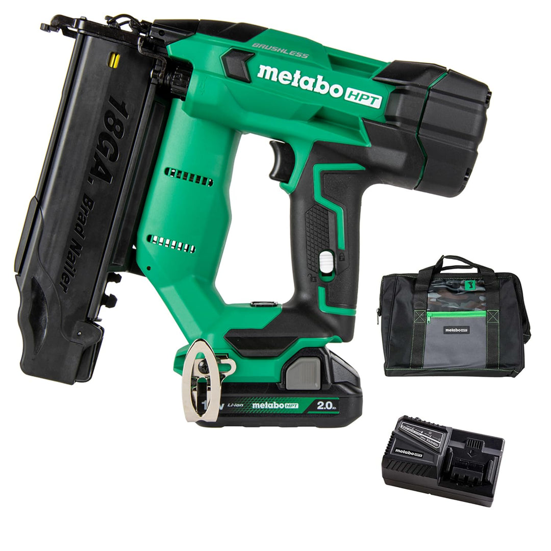 Metabo HPT 18V MultiVolt Brushless Compact Cordless Brad Nailer Kit, 18 Gauge Nailer with Power Tool 2.0Ah Lithium Ion Battery, Drives 5/8" to 2" Brad Nails, NT1850DFT Retail $349.00