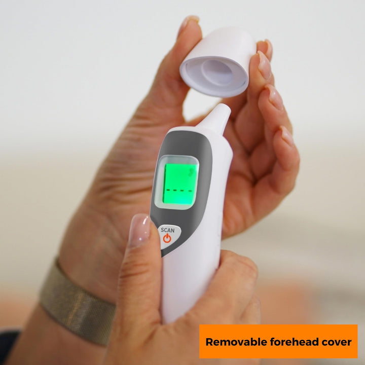 MOBI CONNECT Smart DualScan Bluetooth Ear & Forehead Thermometer - Backlit Screen, LED Fever Indicators, Memory Recall of Last 20 Readouts, Farenheit & Celsius Mode, Room Temperate with Date & Time Retail $24.00