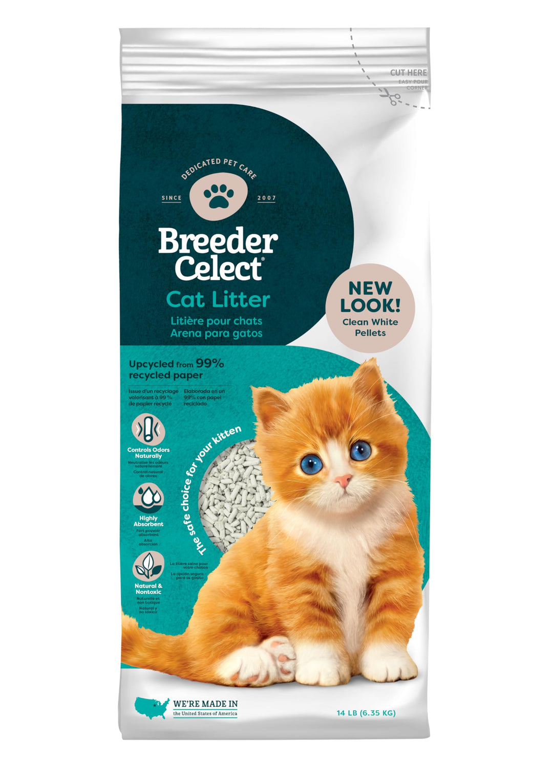 Breeder Celect® | 99% Recycled Paper Cat Litter Pellets | Highly Absorbent | Odor Control | Controls Odors Naturally | Natural and Nontoxic | Low Dust and Easy to Clean | 14 lb Bag Retail $27.49