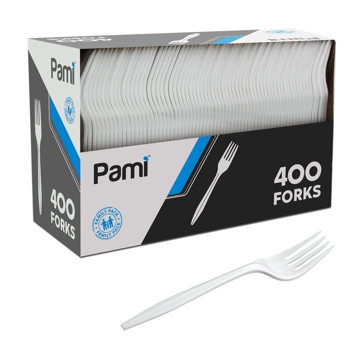 PAMI Medium-Weight Disposable Plastic Forks [400-Pack] - Bulk White Plastic Silverware For Parties, Weddings, Catering Food Stands, Takeaway Orders & More- Sturdy Single-Use Partyware Forks Retail $11.99