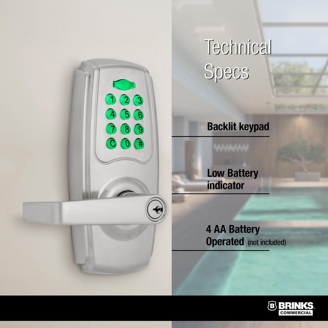 BRINKS ANSI Grade 2 Keypad Door Lock with Handle for Commercial & Residential Use, Keyless Entry Door Lock, 99 User Codes, Auto-Relock, Battery with Backup Keyway (Satin Nickel) Retail $156.84
