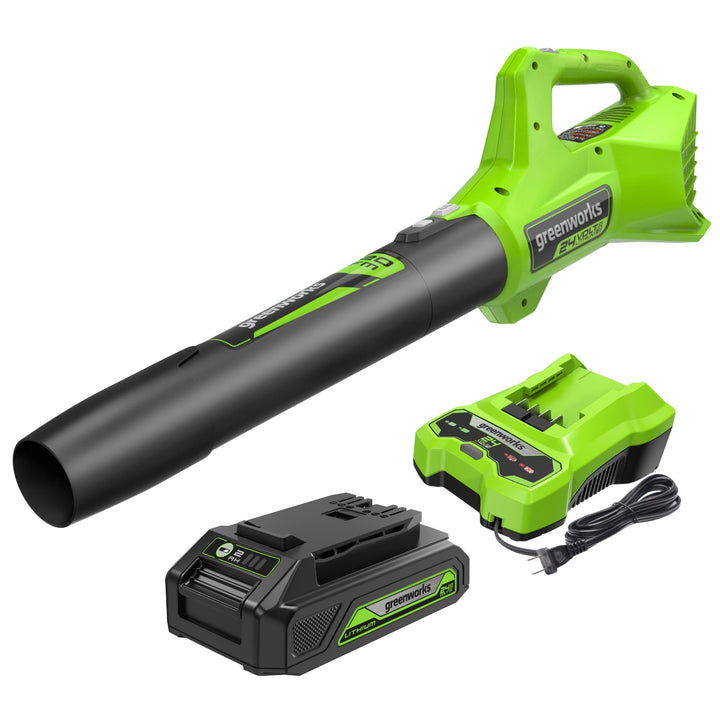 Greenworks 24V (90 MPH / 320 CFM / 200+ Compatible Tools) Cordless Axial Leaf Blower, 2.0Ah Battery and Charger Included