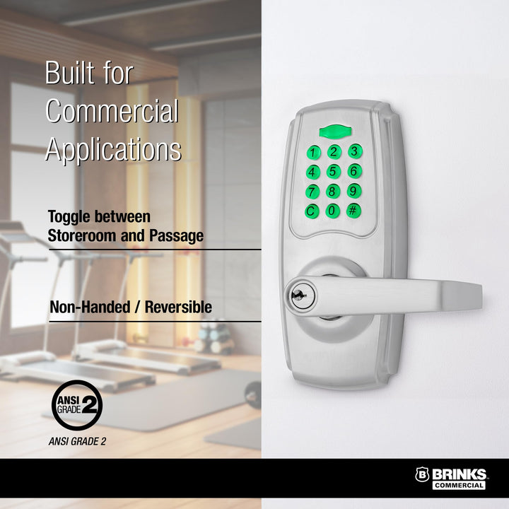 BRINKS ANSI Grade 2 Keypad Door Lock with Handle for Commercial & Residential Use, Keyless Entry Door Lock, 99 User Codes, Auto-Relock, Battery with Backup Keyway (Satin Nickel) Retail $156.84