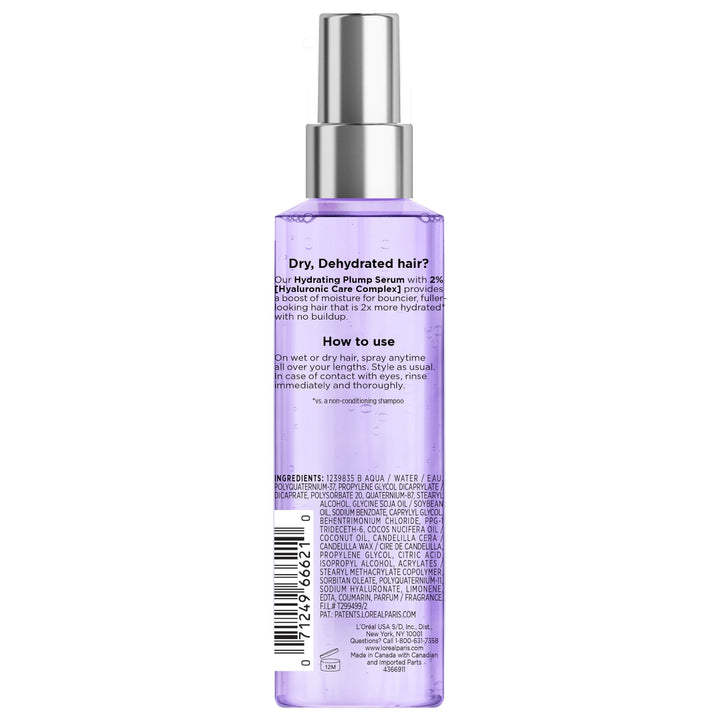 L'Oreal Paris Elvive Hyaluron Plump Moisture Plump Hair Serum for Dehydrated, Dry Hair with Hyaluronic Acid Care Complex, Paraben-Free, 4.4 Fl Oz